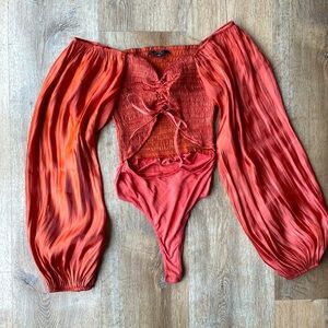 Lulus Off Shoulder Smocked Long Sleeve Bodysuit Rust Orange Size Small